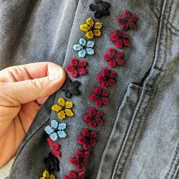 Desigual Gabrielle Black Denim Velvet Floral Jean Jacket size 42
